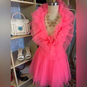 NOVA LUXE Olivia Tulle Ruffled Mini Dress Neon Pink Backless Halter